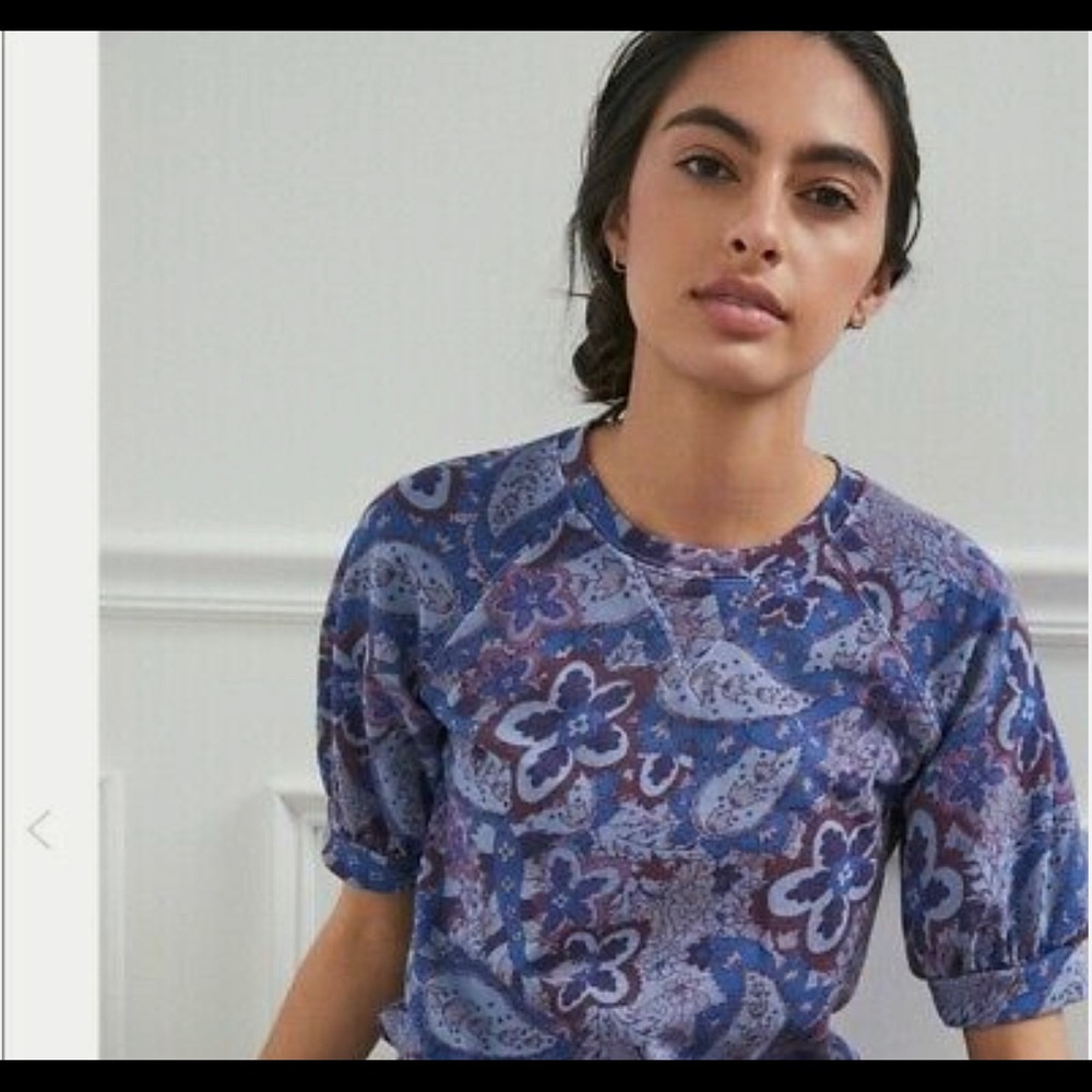 SUNDRY Anthropologie Paisley Raglan Floral Blue Short Sleeve Top